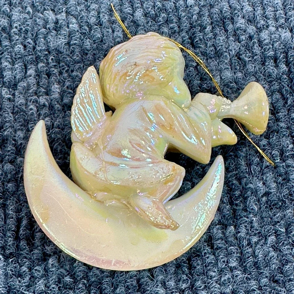 Cherub Angel Ornament Blowing Trumpet Sitting on Crescent Moon Iridescent‎